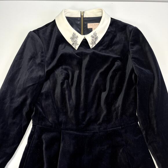 Ted Baker Small Velvet Black Dress Embellished Collar Wednesday Addams (Sz 1=4) - Picture 8 of 16